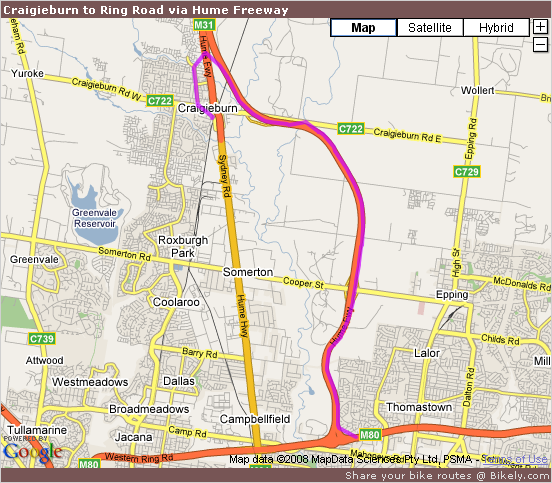 Craigieburn to Ring Road via Hume Freeway at Bikely.com