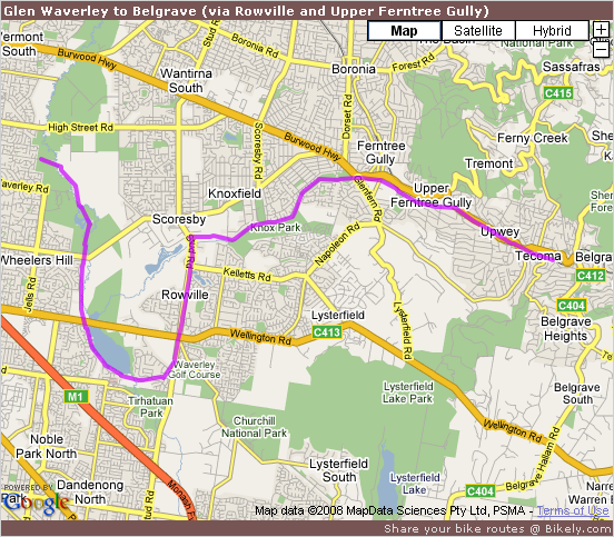 Glen Waverley to Belgrave (via Rowville and Upper Ferntree Gully) @ Bikely.com